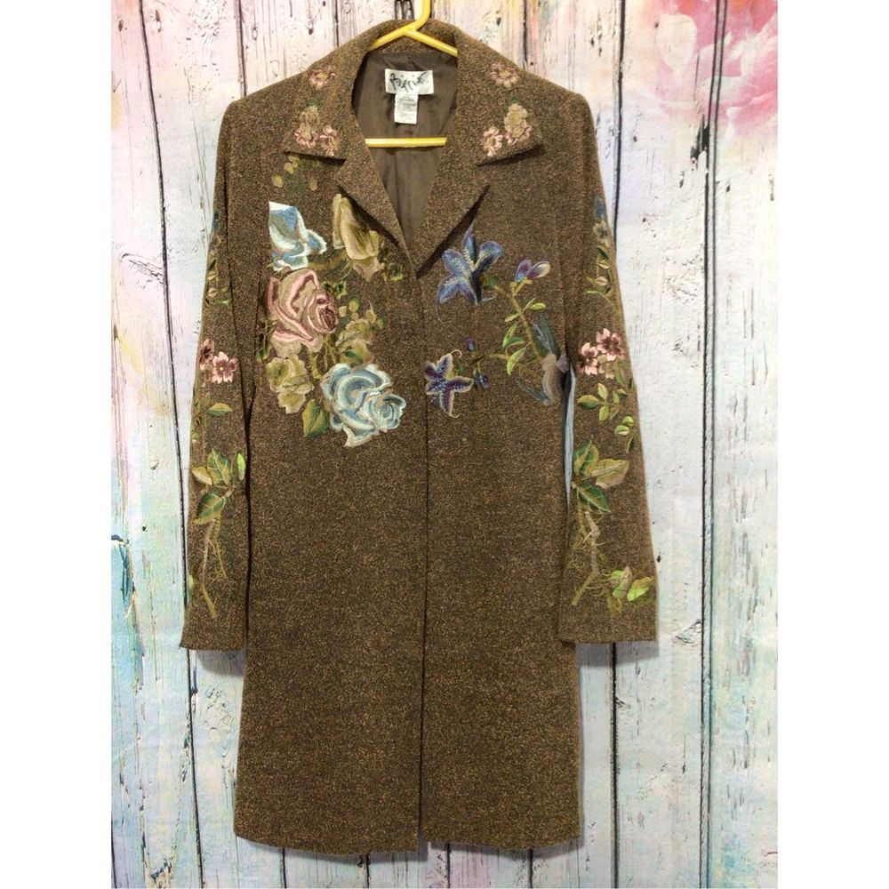 Long Jacket Size 10 Brown Embroidered Tweed Coat PTP 20” - Picture 2 of 14